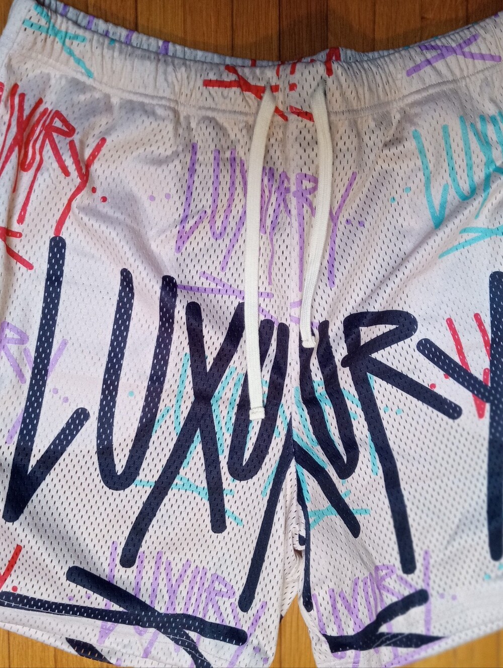 White Mesh Swim/Shorts with Colorful Graffiti Print